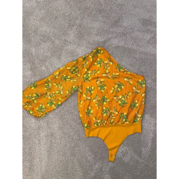 Cami NYC Bodysuit Orange Yellow Lemon Print Lenore One Shoulder Puff Sleeve L - Picture 1 of 7